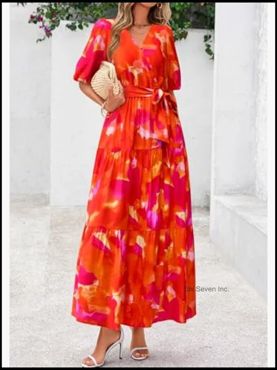 Summer Maxi Dress V-Neck Puff Sleeve Flowy Boho Floral Beach Dress - Picture 3 of 7
